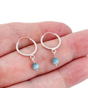 Estate Sterling Silver 925 2cm Blue Glass Beads Hoop Earrings